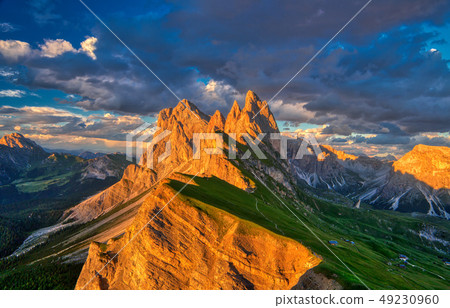 Amazing sunset view of Odle Mountain in Dolomites 49230960