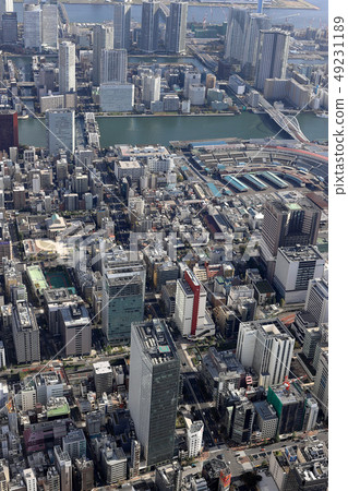 Aerial view of Tsukiji market direction from Ginza Miharabashi Aerial view of Tsukiji market direction from Ginza Miharabashi 49231189