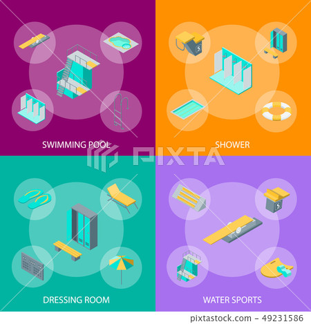 Swimming Pool Elements 3d Banner Set Isometric View. Vector Swimming Pool Elements 3d Banner Set Isometric View. Vector 49231586