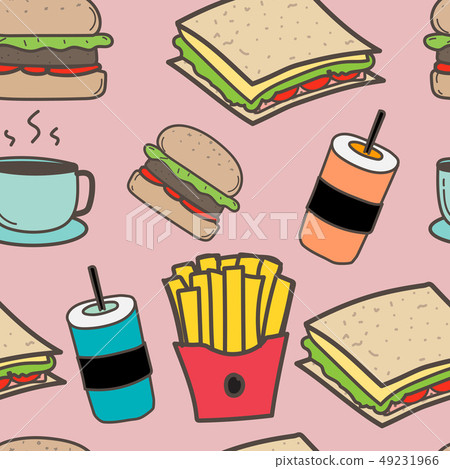 Hand drawn fast food and burgers pattern 49231966