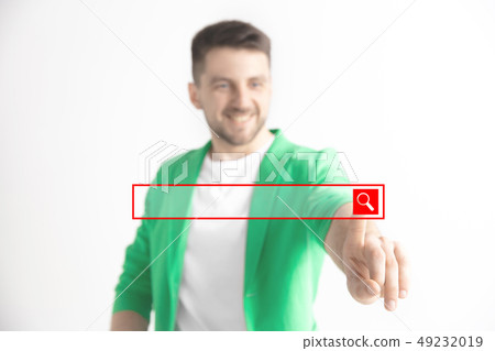 Businessman hand touching empty virtual screen Businessman hand touching empty virtual screen 49232019