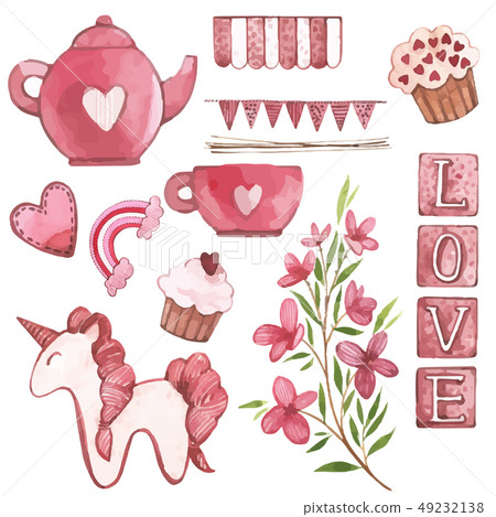 Valentines Day text. Love. Pink Watercolor set of elements for Valentine's day. Scrapbook design Valentines Day text. Love. Pink Watercolor set of elements for Valentine's day. Scrapbook design 49232138