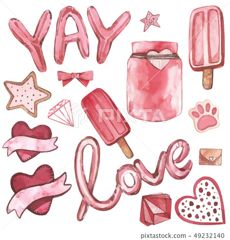 Valentines Day text Balloon-Love. Watercolor set of elements for Valentine's day. Scrapbook design Valentines Day text Balloon-Love. Watercolor set of elements for Valentine's day. Scrapbook design 49232140