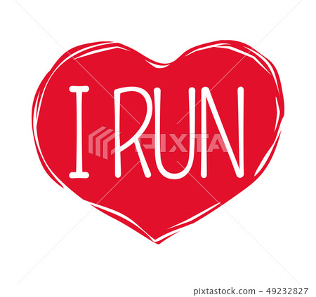 I Love Run Text in Red Hand Drawn Heart. Logo Sign 49232827