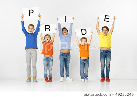 Pride. Group of children with a banners isolated in white Pride. Group of children with a banners isolated in white 49233246