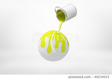 3d rendering of paint can spilling yellow paint on light-grey tennis ball in mid-air on white 49234033