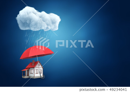 3d rendering of a big red umbrella protecting a little detached house from the thick raining cloud 3d rendering of a big red umbrella protecting a little detached house from the thick raining cloud 49234041