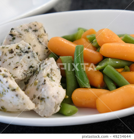 Boiled vegetables in a plate with meat. Food photo Boiled vegetables in a plate with meat. Food photo 49234644