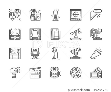 Set of Cinema Line Icons. Popcorn, Masks, Clapper Board, Tickets and more. 49234780