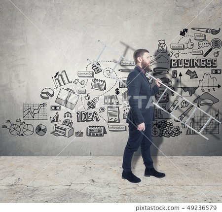 Man with a ladder and a business plan on a concrete wall 49236579
