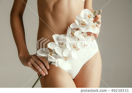 Young woman with epilated bikini zone holding flower on light background Young woman with epilated bikini zone holding flower on light background 49238531