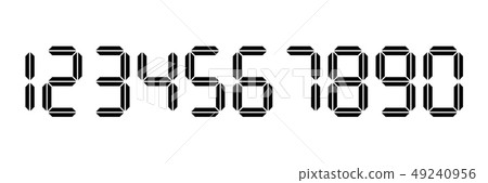 Black digital numbers. Seven-segment display is used in calculators, digital clocks or electronic 49240956