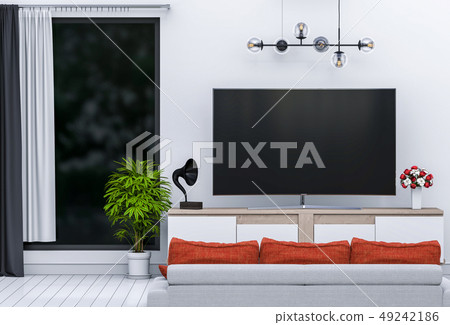 interior living room with sofa, plant, lamp, tv. interior living room with sofa, plant, lamp, tv. 49242186
