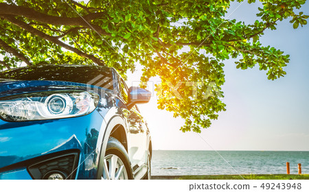 Blue sport SUV car parked by the tropical sea 49243948