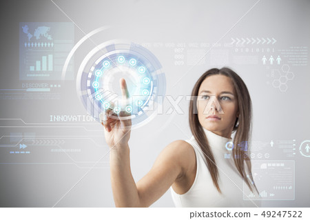 Woman touching the virtual future interface 49247522