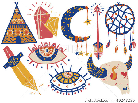 Boho Style Symbols Set, Indian Tent, Buffalo Skull, Dream Catcher, Eye, Arrow, Dagger Vector Boho Style Symbols Set, Indian Tent, Buffalo Skull, Dream Catcher, Eye, Arrow, Dagger Vector 49248259