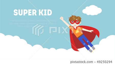 Super Kid Banner, Cute Boy in Superhero Costume and Mask Flying in Sky Vector Illustration Super Kid Banner, Cute Boy in Superhero Costume and Mask Flying in Sky Vector Illustration 49250294