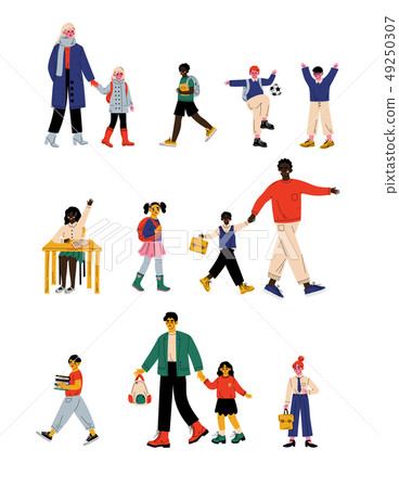 Parents and Their Children Walking to School in Morning, Cute Students Boys and Girls Studying at Parents and Their Children Walking to School in Morning, Cute Students Boys and Girls Studying at 49250307