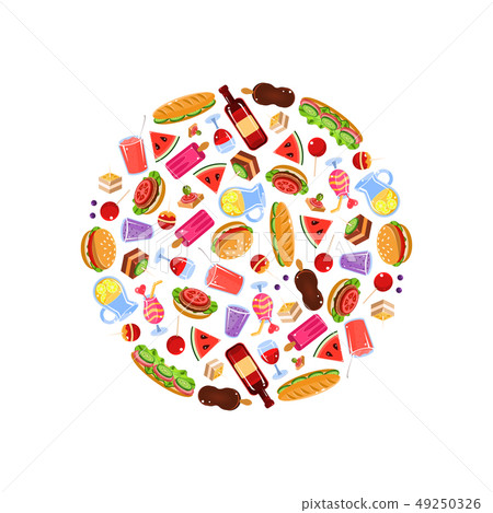 Picnic Food in Circular Shape, Summer, Spring Romantic Picnic Snacks and Vegetables Vector Picnic Food in Circular Shape, Summer, Spring Romantic Picnic Snacks and Vegetables Vector 49250326