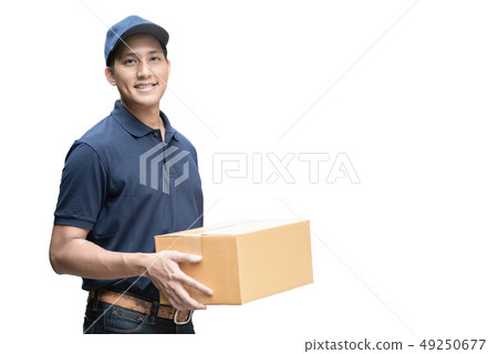Asian delivery man or passenger holding a box Asian delivery man or passenger holding a box 49250677