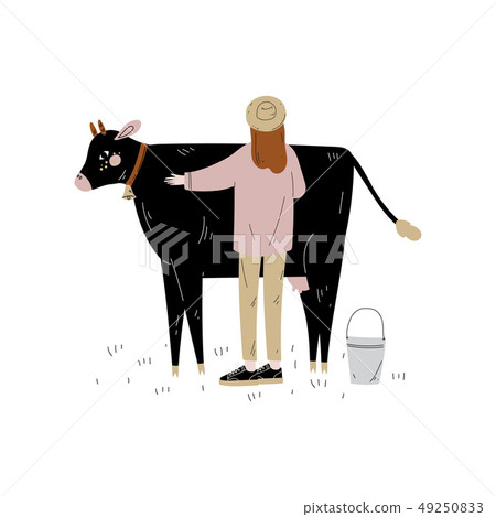 Woman Standing Next to Spotted Cow, Dairy Cattle Animal Husbandry Breeding Vector Illustration Woman Standing Next to Spotted Cow, Dairy Cattle Animal Husbandry Breeding Vector Illustration 49250833