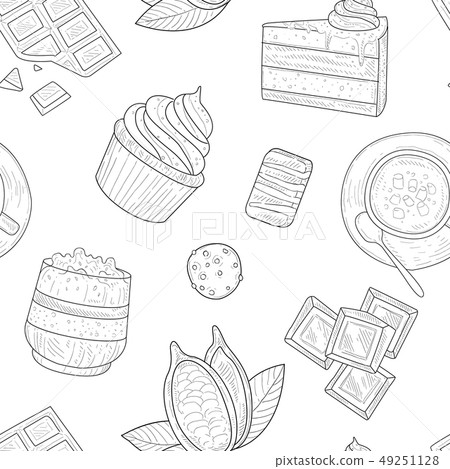 Cocoa Products Seamless Pattern, Cocoa Beans and Chocolate Desserts Monochrome Hand Drawn Vector Cocoa Products Seamless Pattern, Cocoa Beans and Chocolate Desserts Monochrome Hand Drawn Vector 49251128