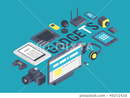 Gadget pattern vector digital device with display of laptop tablet camera isometric illustration Gadget pattern vector digital device with display of laptop tablet camera isometric illustration 49251428