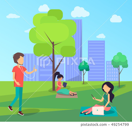 People Walking in Free Wi-Fi Zone in City Park 49254799