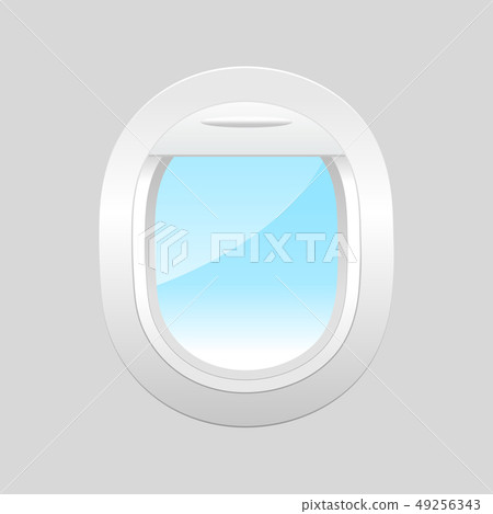 Airplane windows with cloudy blue sky outside. 49256343