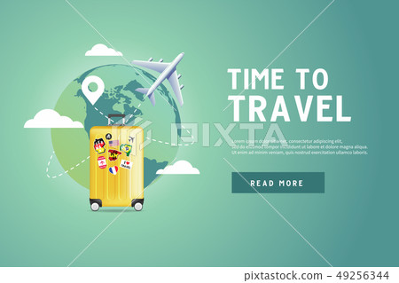 Plane flying around the world with yellow luggage. 49256344
