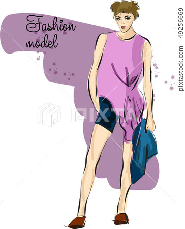 Fashion sketch with young woman in shorts 49256669