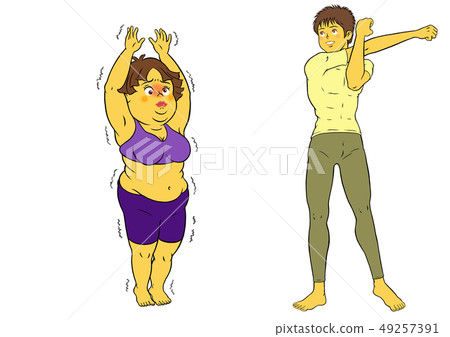 Yoga Fitness, Chubby Female and Male Instructor - Stock Illustration ...