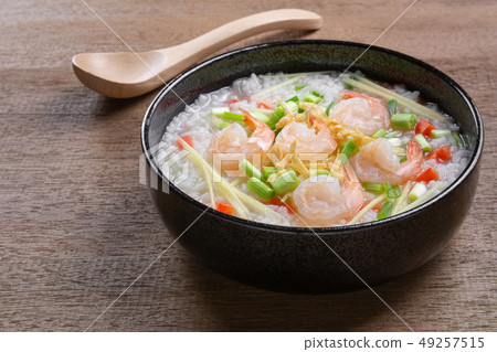close up of boiled rice clear soup with shrimp 49257515