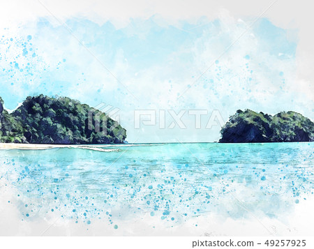 Mountain peak and tree watercolor painting. 49257925