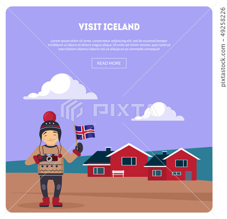 Visit Iceland Banner, Landscape with Little Houses and Happy Traveler Vector Illustration 49258226