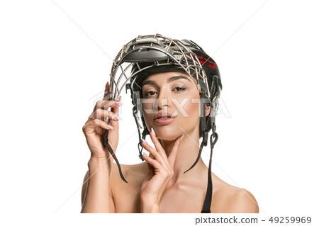 Female Hockey Player Close Up Helmet And Mask Stock Photo