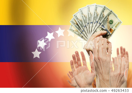 People raising hands with dollars and flag People raising hands with dollars and flag 49263433