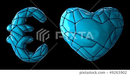 Symbol collection euro and heart made of blue plastic. Collection symbols of low poly style blue 49263902