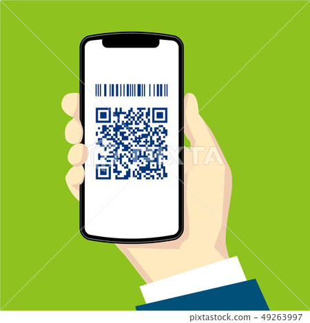 右手與智能手機的插圖|二維碼圖標|智能手機的手 右手與智能手機的插圖|二維碼圖標|智能手機的手 49263997