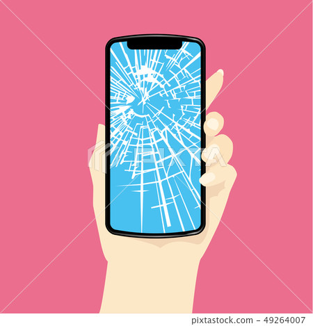 Iras of the left hand with the smartphone | Screen of the broken smartphone | Hand with smartphone 49264007