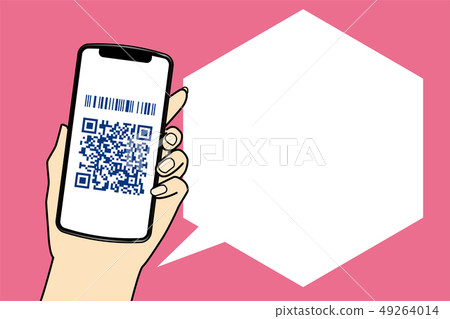 Illustration of the left hand and speech bubble with smartphone (main line) | Image smartphone of QR code payment Illustration of the left hand and speech bubble with smartphone (main line) | Image smartphone of QR code payment 49264014