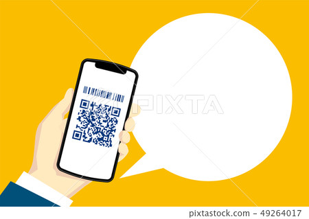 Illustration of left hand and speech bubble with smartphone | Image of smartphone with QR code, smartphone Illustration of left hand and speech bubble with smartphone | Image of smartphone with QR code, smartphone 49264017