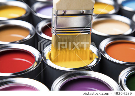Paint brush, tin can and color guide samples Paint brush, tin can and color guide samples 49264189