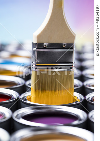 Paint brush, tin can and color guide samples 49264197