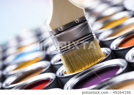Metal tin cans with color paint and paintbrush Metal tin cans with color paint and paintbrush 49264198