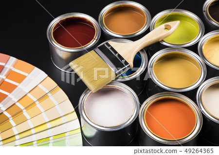 Tin cans with paint and brushes Tin cans with paint and brushes 49264365