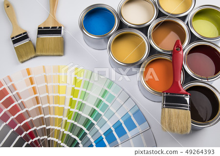 Paint brush, tin can and color guide samples Paint brush, tin can and color guide samples 49264393