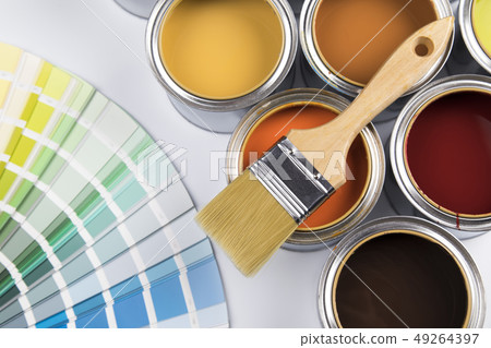 Metal tin cans with color paint and paintbrush Metal tin cans with color paint and paintbrush 49264397