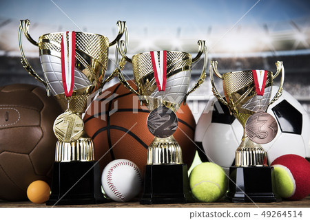 Assorted sports equipment, Winner background Assorted sports equipment, Winner background 49264514