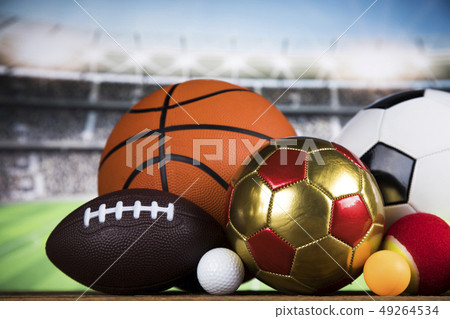 Sport equipment and balls, stadium background Sport equipment and balls, stadium background 49264534